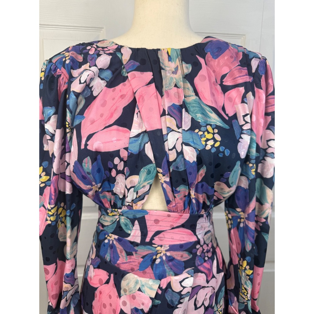 NWT For Love & Lemons Victoria Satin Floral Midi Dress Navy Pink Long Sleeve M - Picture 5 of 13